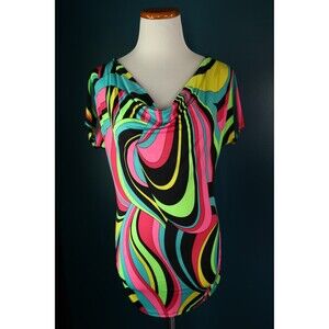Vintage Y2K K Dream Fitted Top Neon Rave Swirls Retro Mod Psychedelic Cowl Neck